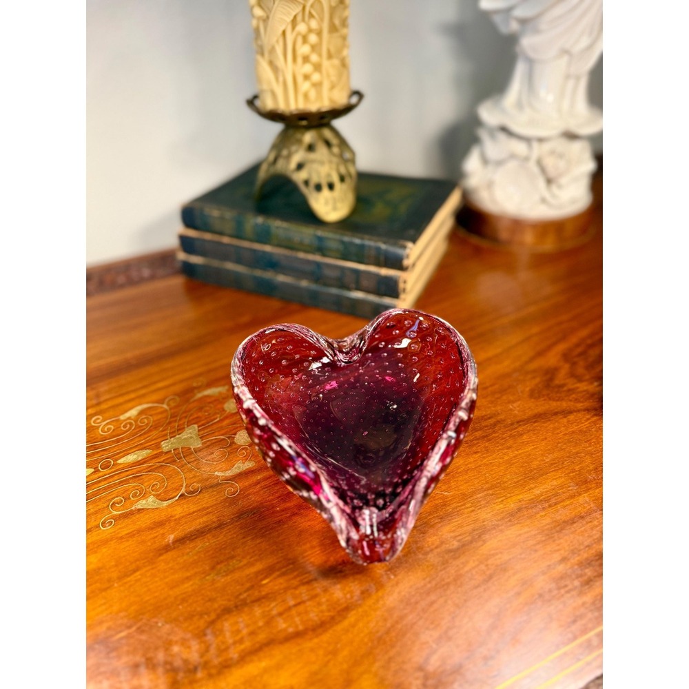 Vintage Venetian Bullicante Heart Bowl • Cranberry Murano Style Art Glass